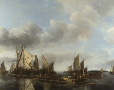 Flusslandschaft mit einer großen Fähre und zahlreichen Schiffen von Jan van de Cappelle